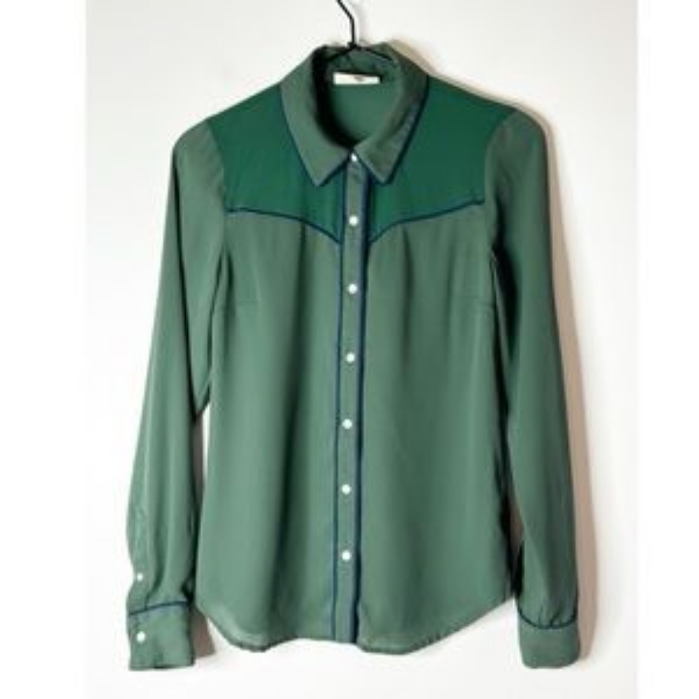 Sheer Dark Green Monochrome Western Long Sleeve ModCloth Blouse Pearly
